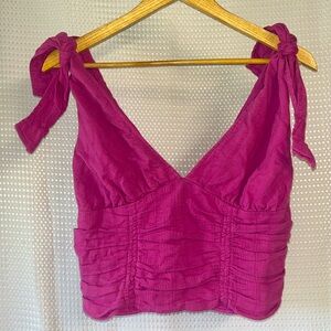 Free People Fuscia Longline Crop Top w/ Deep V & Adjustable Tie Shoulder; Large